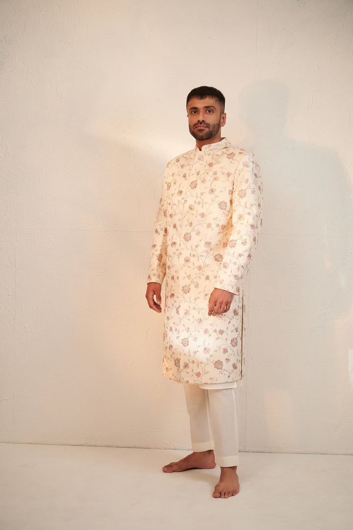 Banarasi Brocade Silk Ivory Sherwani Set For Men