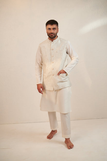 Ivory Cotton Silk Kurta Set with Sleeveless Jodhpuri Jacket