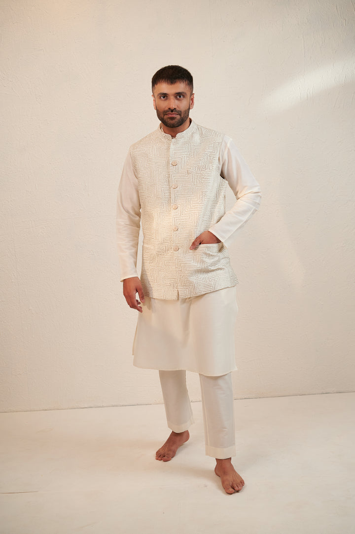 Ivory Cotton Silk Kurta Set with Sleeveless Jodhpuri Jacket Online