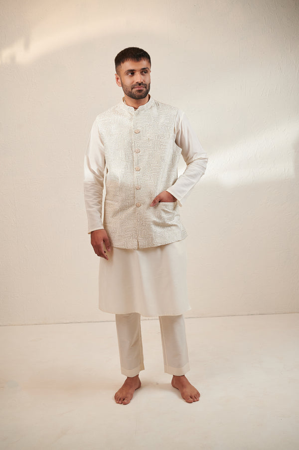 Ivory Cotton Silk Kurta Set with Sleeveless Jodhpuri Jacket