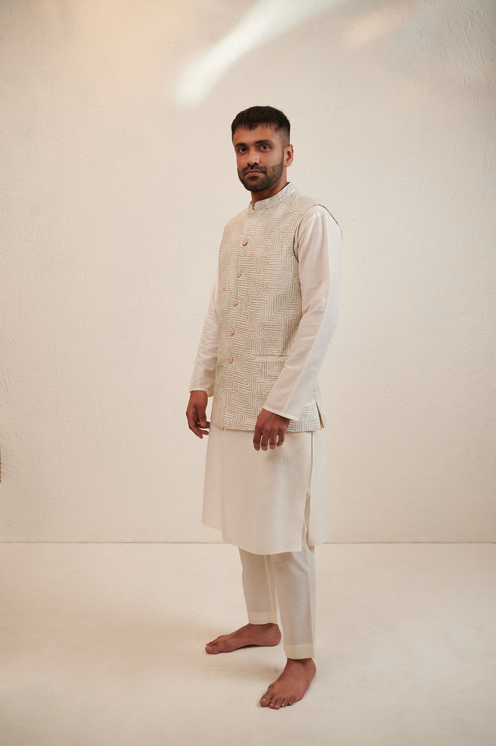 Ivory Cotton Silk Kurta Set with Sleeveless Jacket