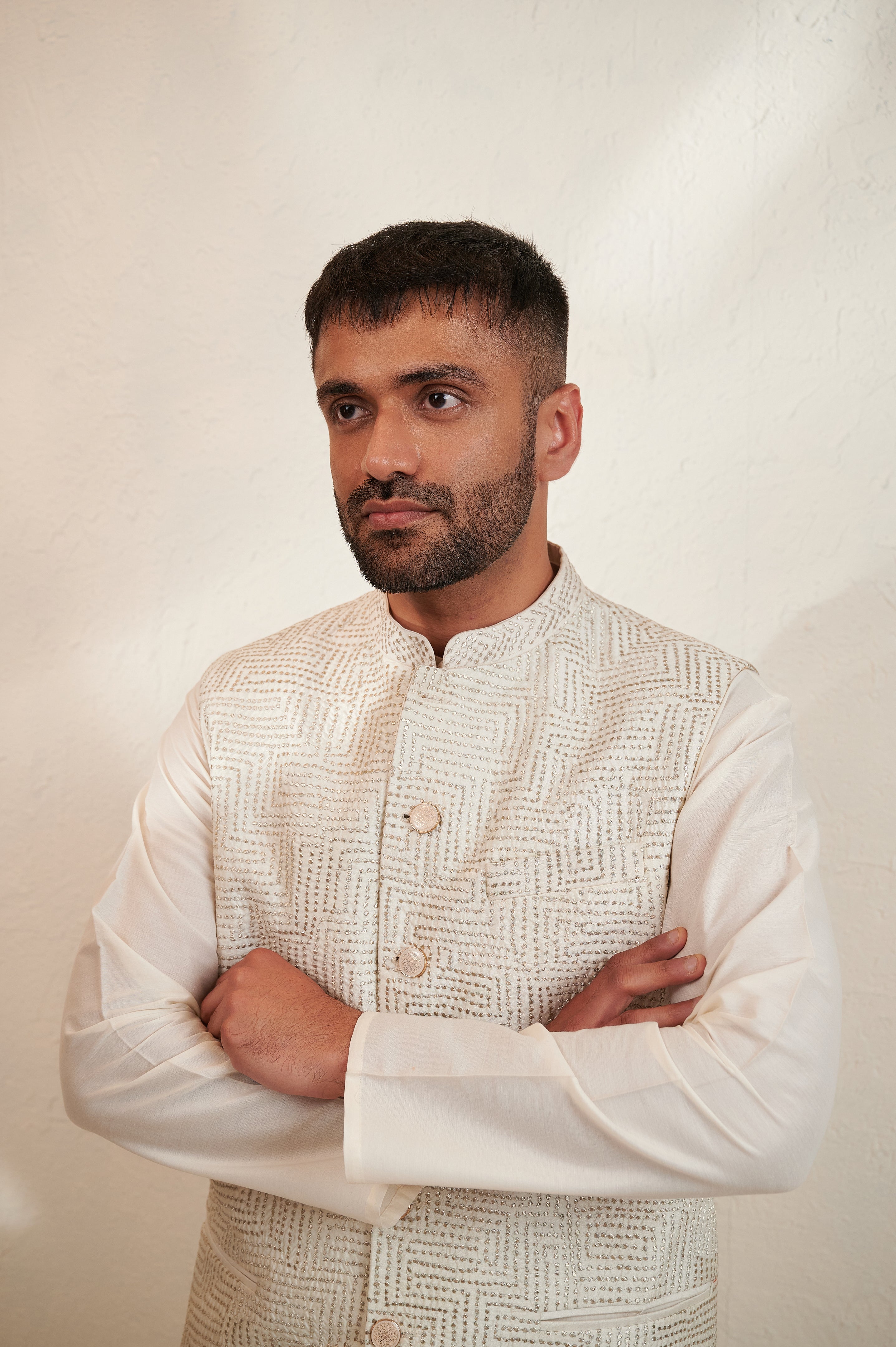 Ivory Cotton Silk Kurta Set with Sleeveless Jodhpuri Jacket