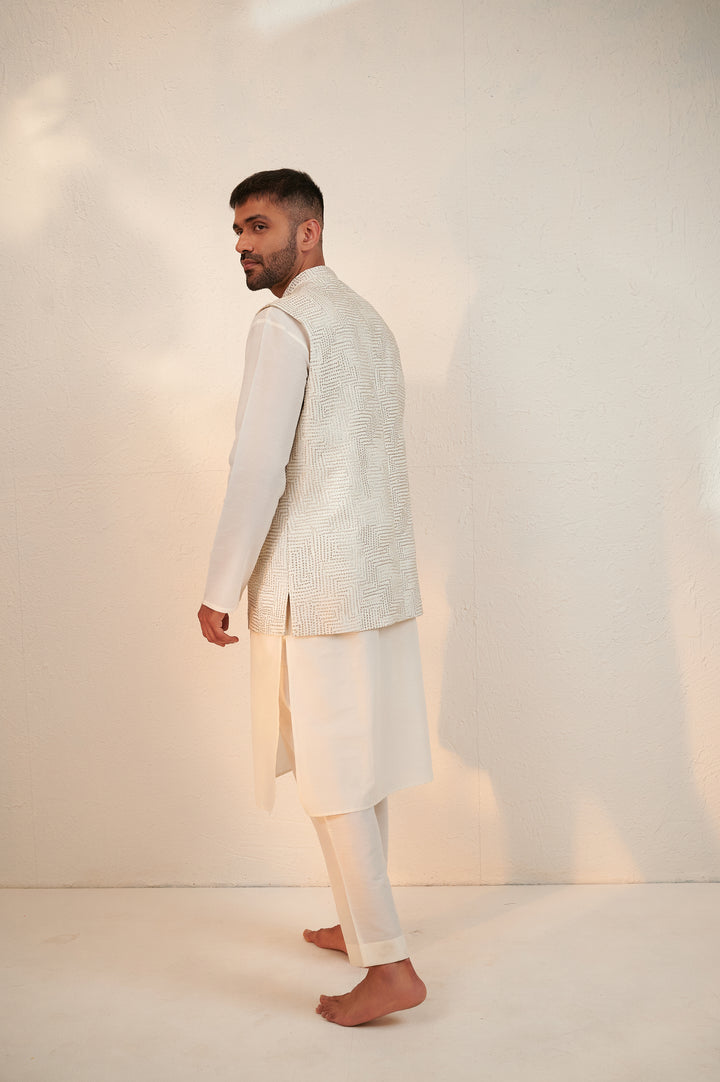 Ivory Cotton Silk Kurta Set with Sleeveless Jodhpuri Jacket