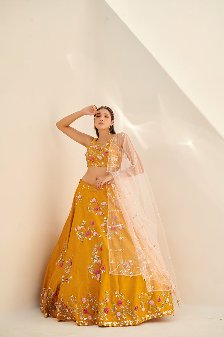 Yellow 3D Floral Lehenga Set