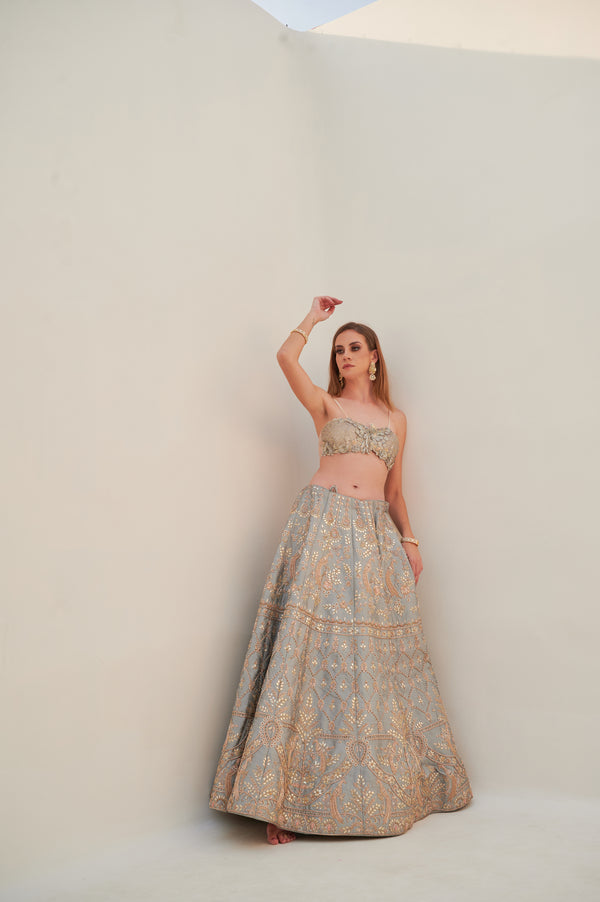 Silver Blue Crystal Modern Silk Lehenga