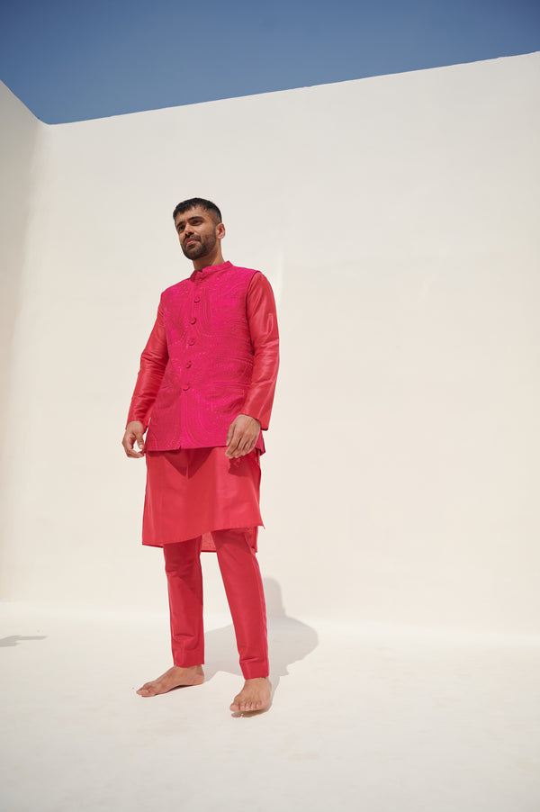 Mulberry Pink Cotton Silk Kurta Set with Sleeveless Jodhpuri Jacket