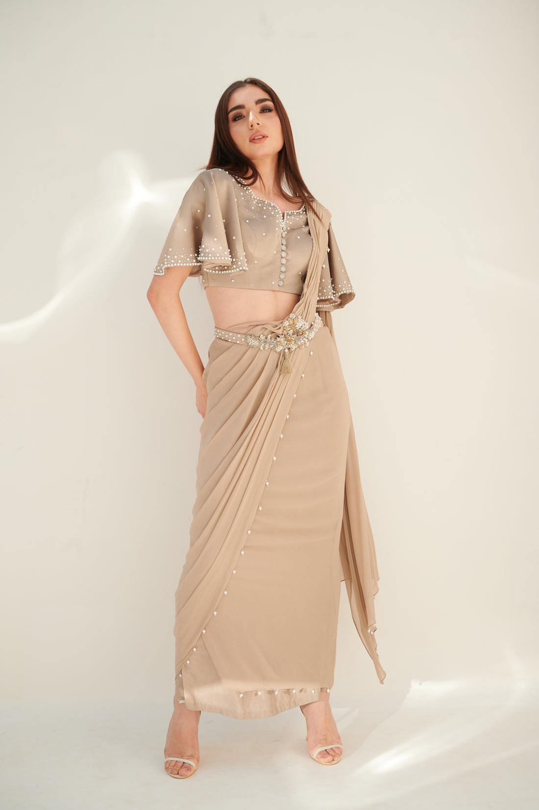 Vintage Pearl Sequin Satin Drape Saree with Bell Sleeves
