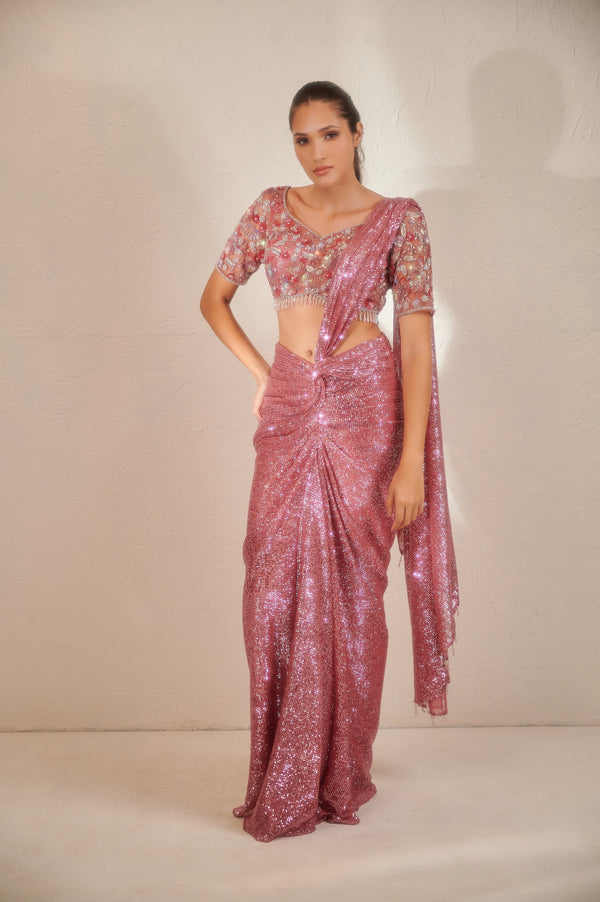 Rose Pink Embellished Sequin Drape Saree