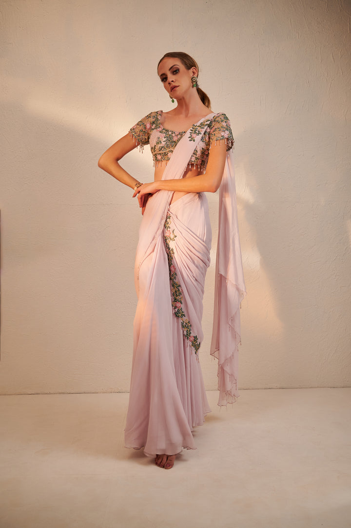 Powder Pink Floral Embellished Drape Saree