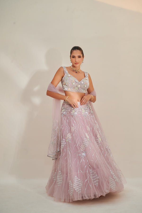 Misty Mauve Abstract Tulle Lehenga Set