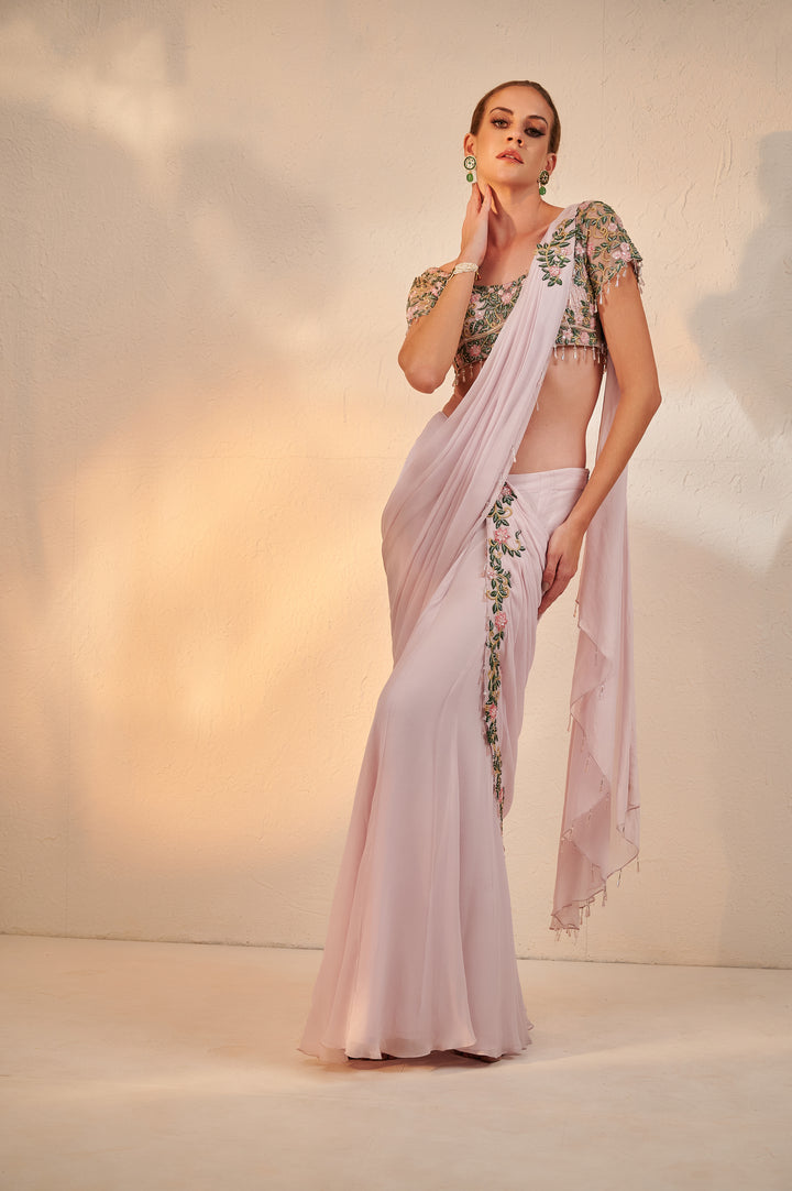 Powder Pink Floral Drape Saree