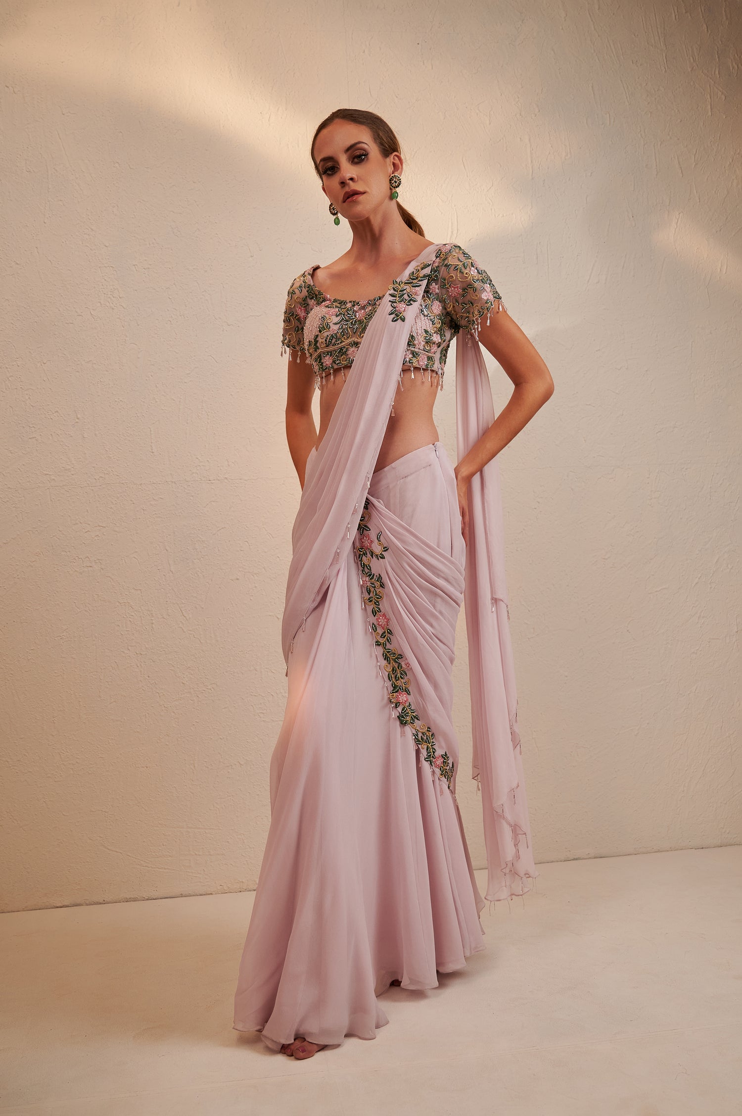 Powder Pink Floral Embellished Drape Saree