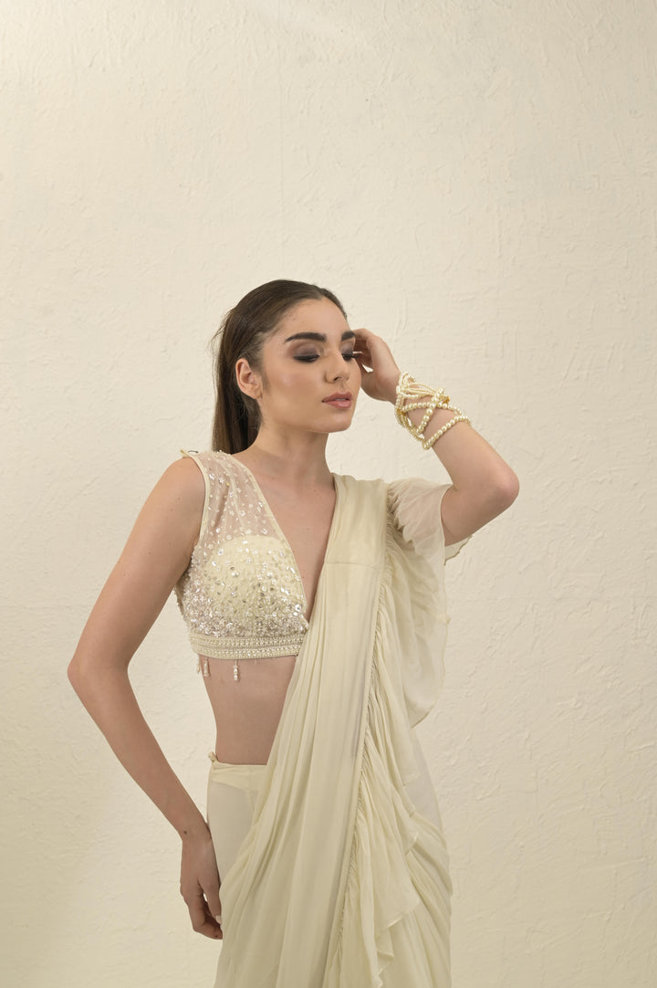 Ivory Soft Ruffle Saree Set