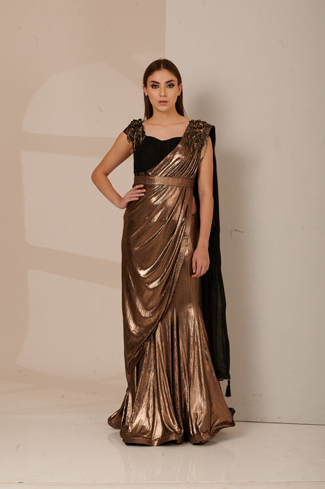 Antique Gold Metallic Drape Saree