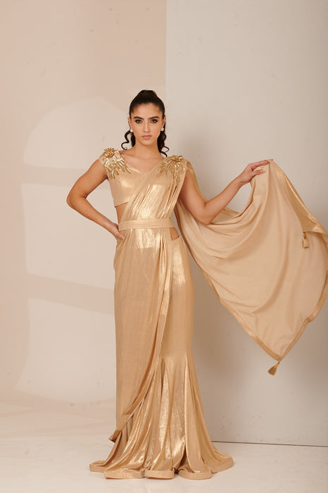 Champagne Gold Metallic Drape Saree