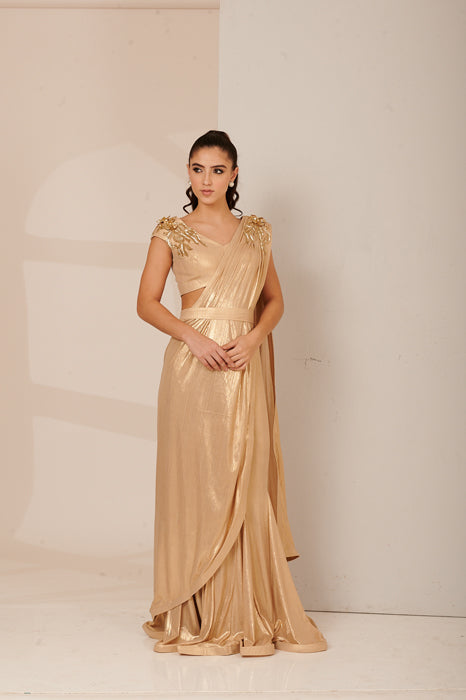 Champagne Beige Organza Saree – Karagiri Global