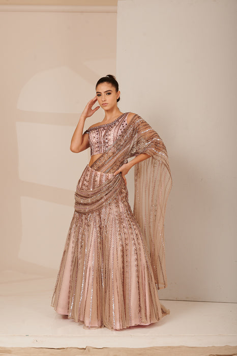 Enchanting Blush Couture Drape Lehenga