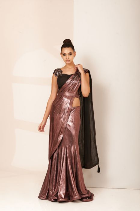 Rose Gold Pink Metallic Drape Saree