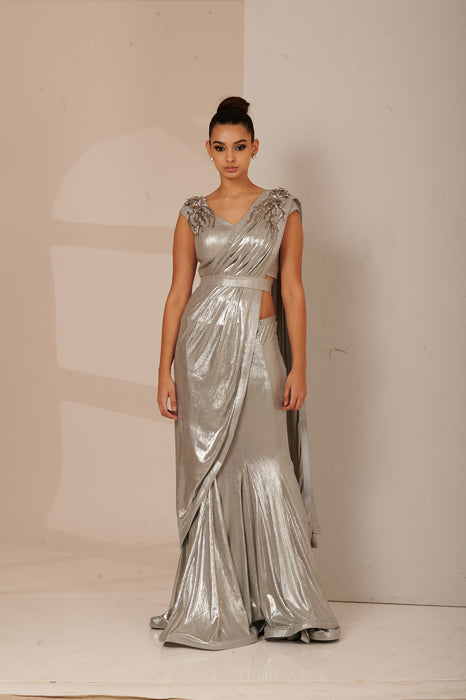 Silver Metallic Drape Saree