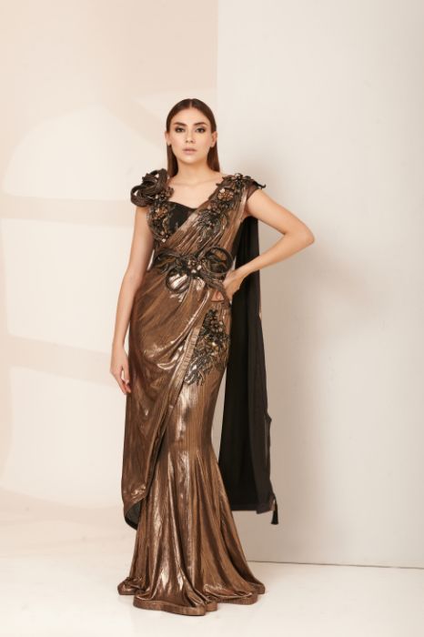 Copper Gold Metallic Drape Saree