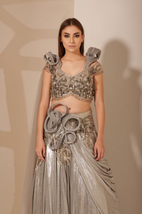 Buy Grey Net Embroidery Mirror Aafreen One Shoulder Blouse And Lehenga Set  For Women by Prevasu Online at Aza Fashions.