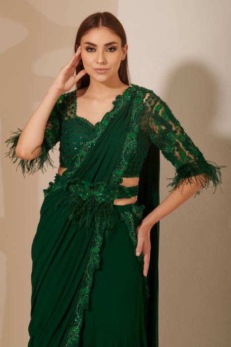 Bottle Green Kali Cut Georgette Drape Saree