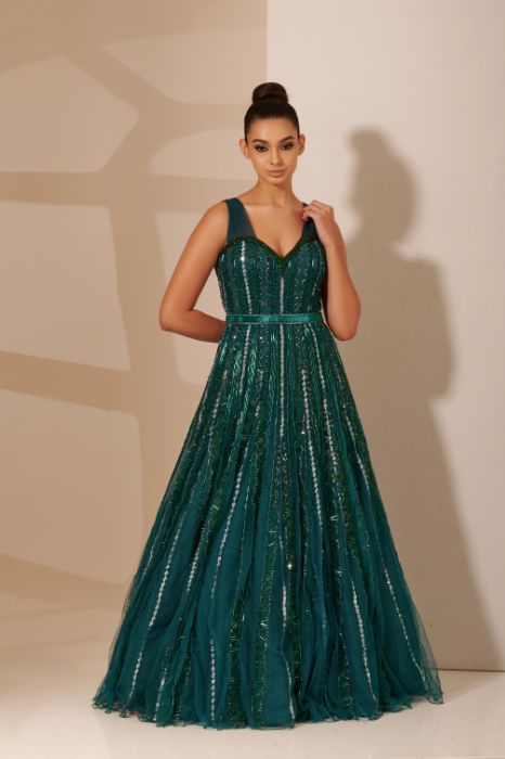 Bottle Green Gajji & Soft Net Embroidered Dress Design by MASUMI MEWAWALLA  at Pernia's Pop Up Shop 2024