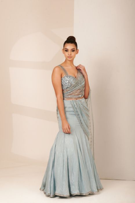 Celestial Wedgewood Blue Shimmer Saree Lehenga