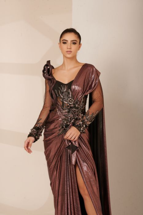 Rose Drape Saree with a Black 3D Corset