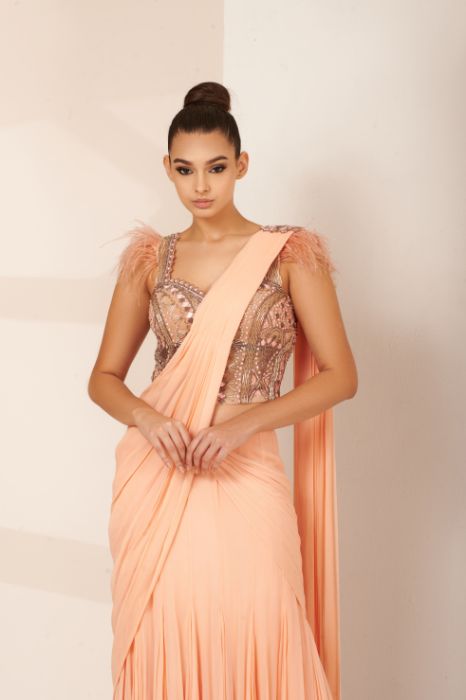 Buy ROYAL COUTURE Women's Faux Georgette Ruffle Frill Ready to Wear Saree  with Blouse Piece (1907-11-28 00:00:00, Light Peach) at Amazon.in