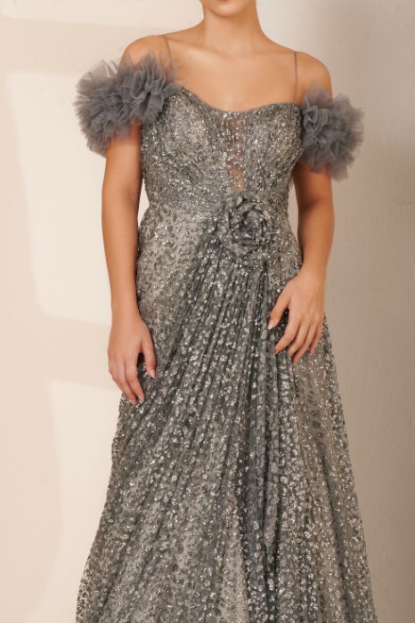 Shimmer Silver-Gray Drape Gown