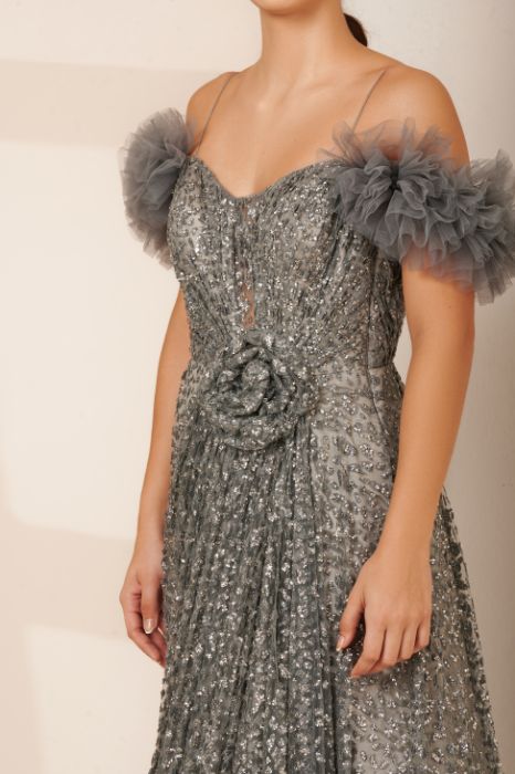 Shimmer Silver-Gray Drape Gown