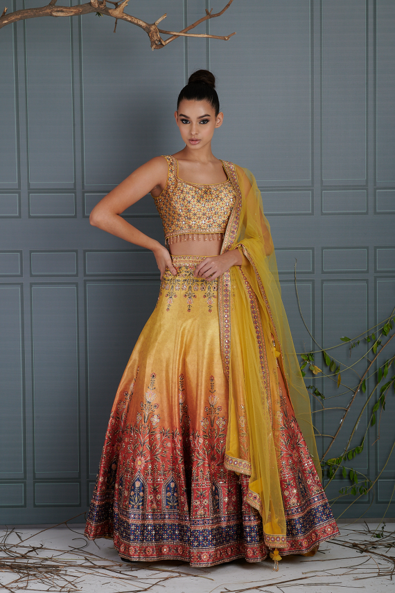 Mustard Orange Ombre Printed Lehenga