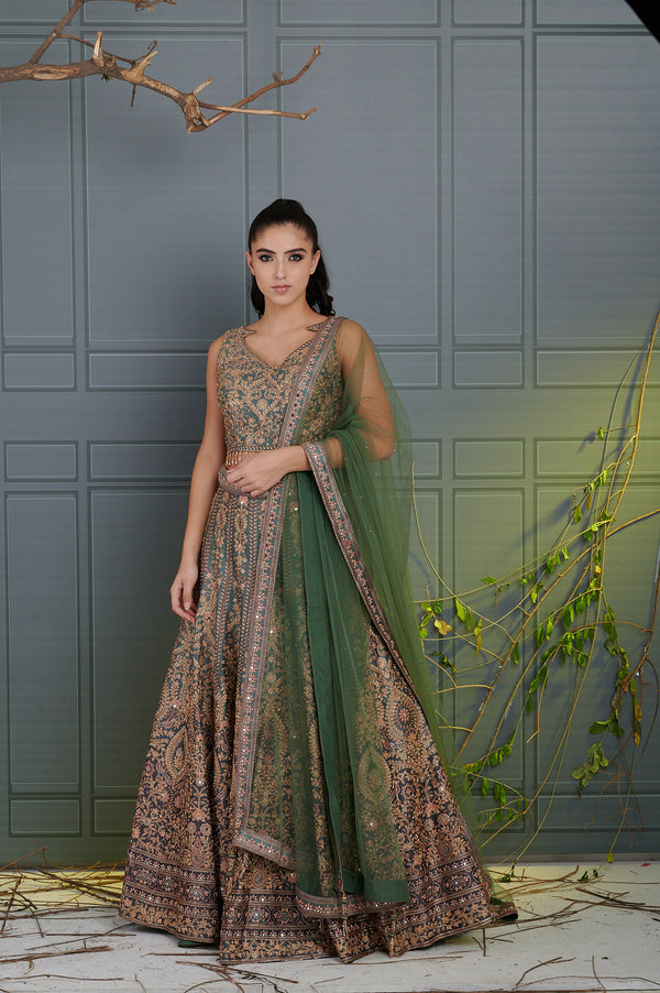 Dark Sage Ombre Printed Lehenga