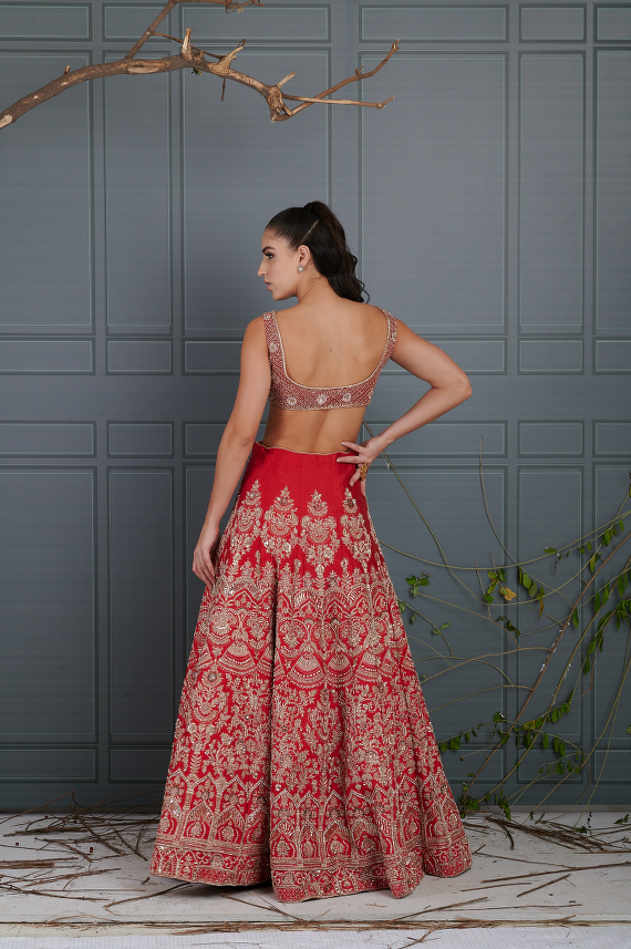 Rawsilk Carrot Red Floral Khakha Bridal Lehenga