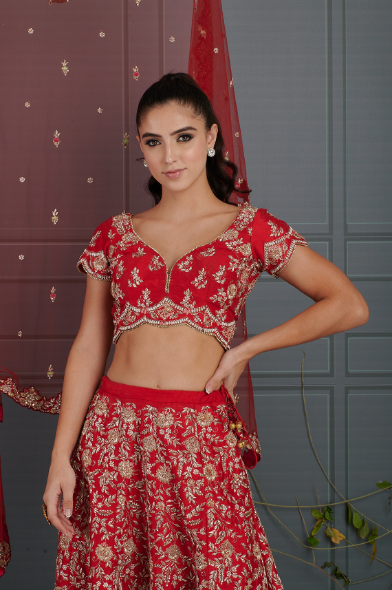 Semi-Stitched Brocade Blood Red Bridal Lehenga at Rs 8250 in Surat