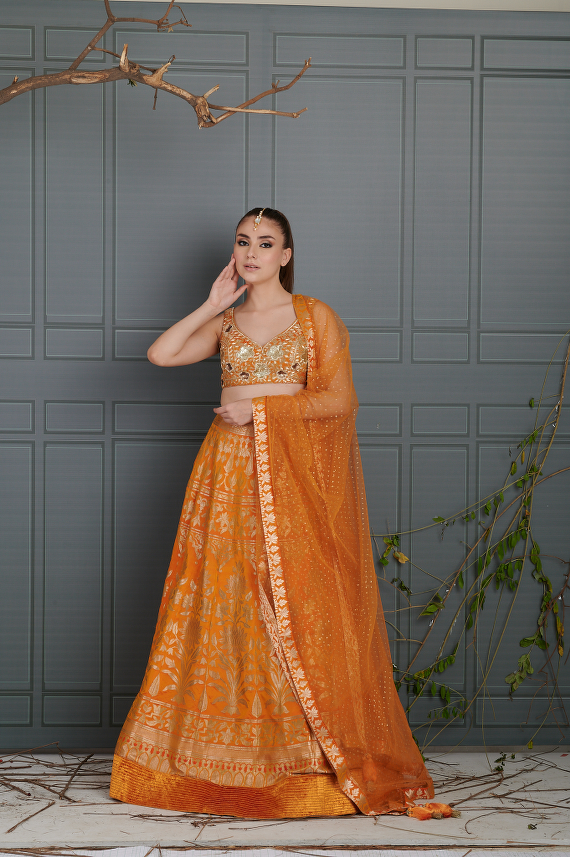 Mustard Pure Silk Banarsi Lehenga