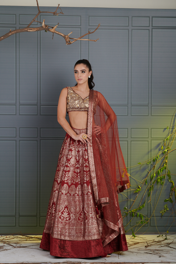 Maroon Pure Silk Banarsi Lehenga