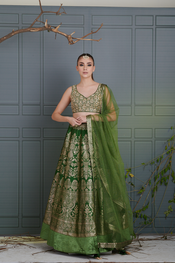 Leaf Green Pure Silk Banarsi Lehenga