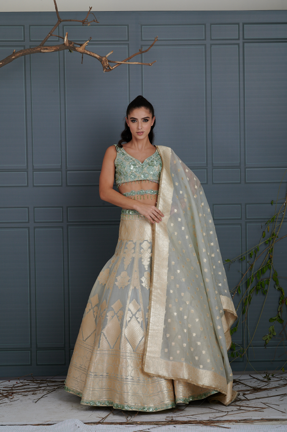 Mint Green Banarsi Organza Lehenga