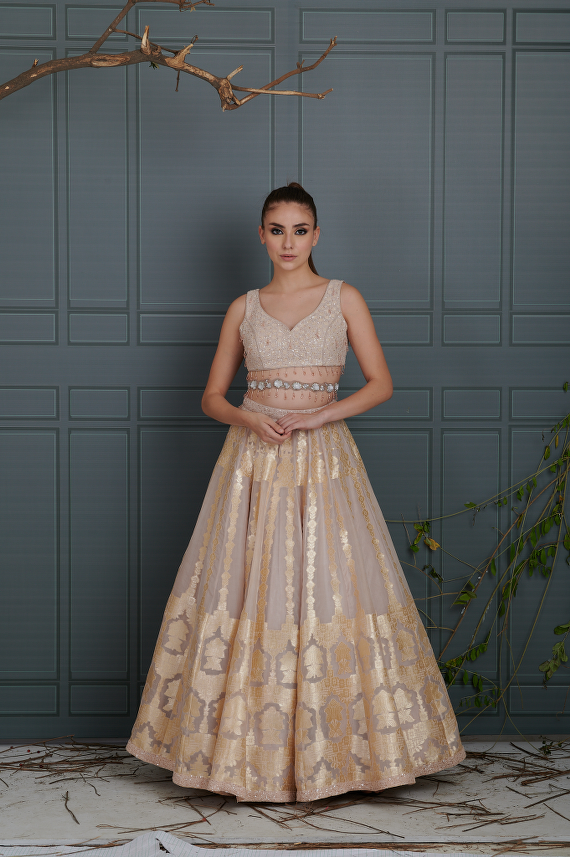 Pastel Pink Banarsi Organza Lehenga