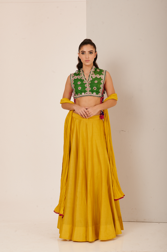 Handcrafted Banjara Blouse and Mustard Chanderi Skirt