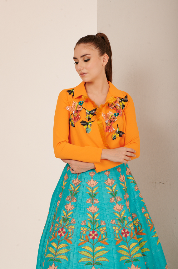Turquoise Blue Lehenga Florat Set with a Couture Shirt