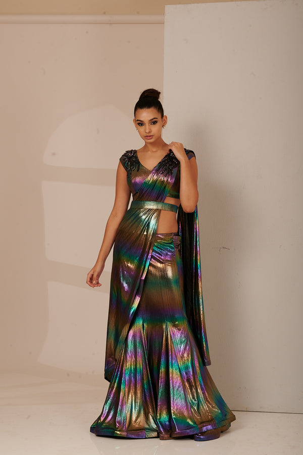 Rainbow Metallic Drape Saree