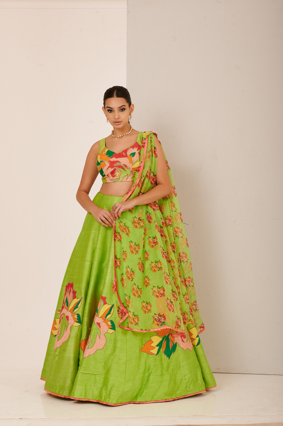 Lime Green Lehenga with Multicolored Floral Embroidery