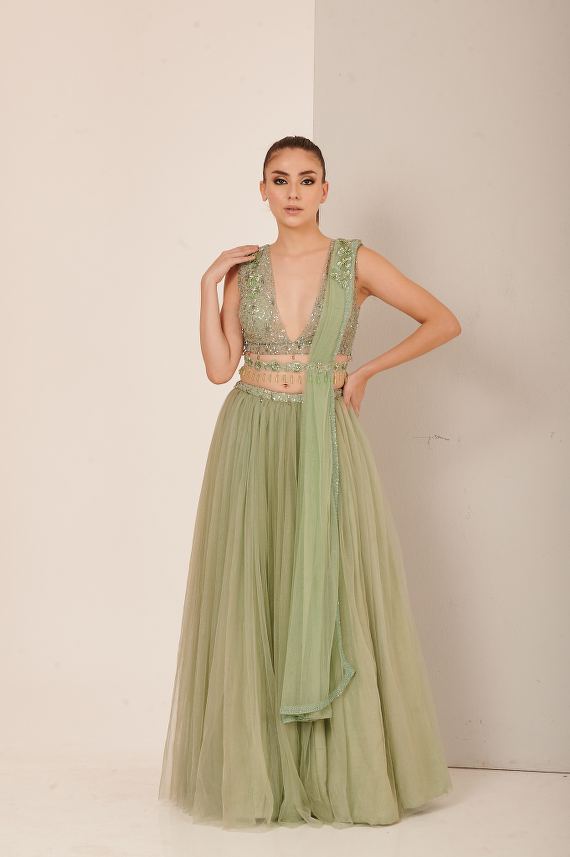 Pista Green Flared Net Skirt